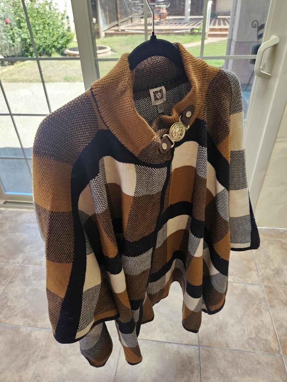 Anne Klein Brown Black Cream Plaid Shawl Collar Poncho